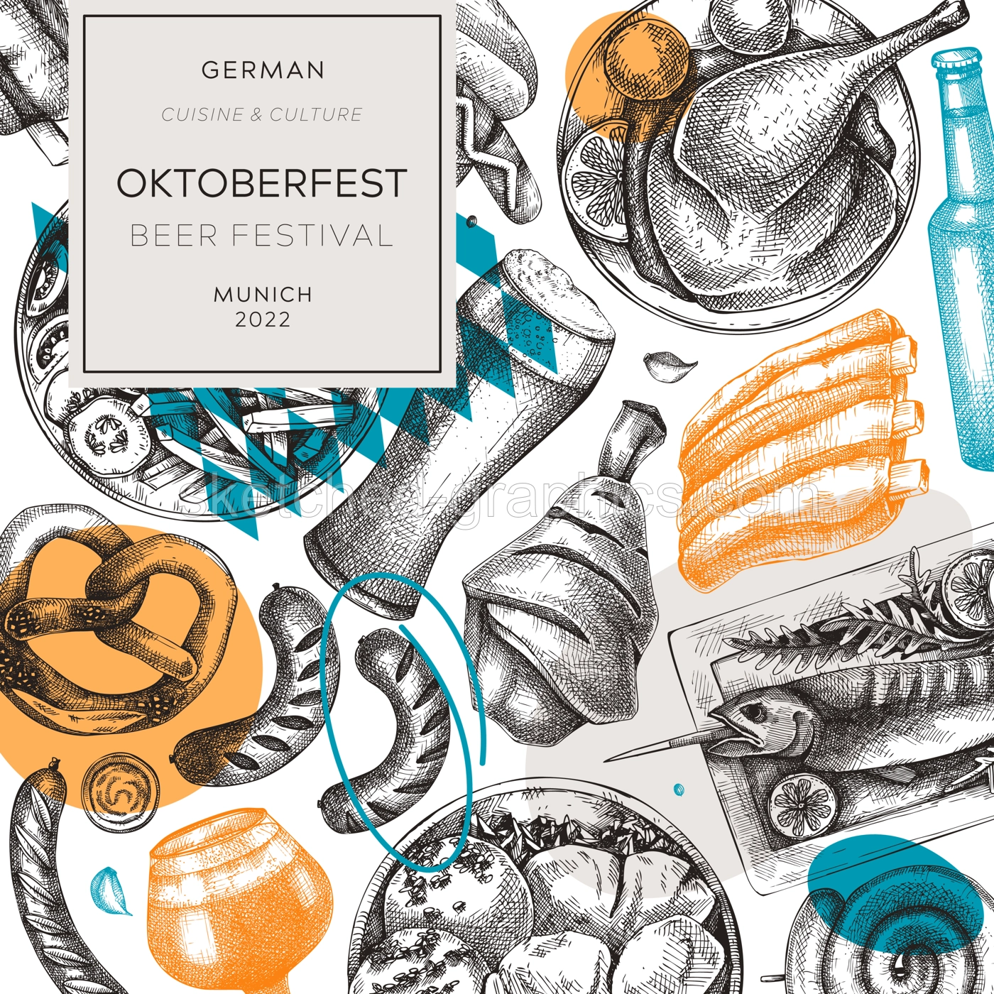 Oktoberfest square flyer template. German food and drinks menu design in collage style. Vector meat dishes sketches. German cuisine banner. Beer festival illustration. Oktoberfest background Illustration